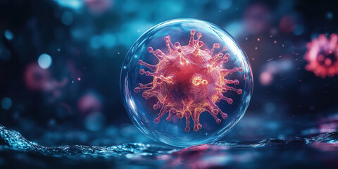 Poster - 3D rendering of virus cell in vibrant colors with glowing details and abstract background.