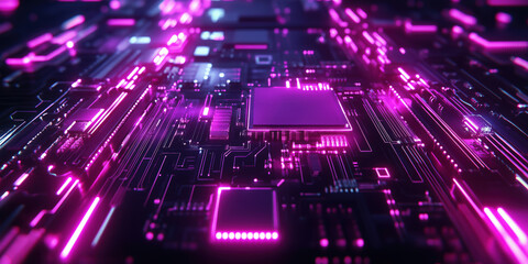 Poster - Futuristic circuit board with glowing pink lights and intricate electronic components.