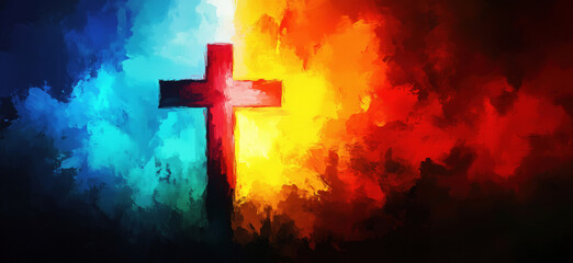 Poster - Colorful abstract cross silhouette against vibrant background of blue, yellow, and red hues.