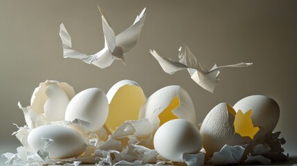 Poster - Organic and paper-themed composition of eggs with graceful paper bird flight