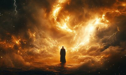 Poster - mystical figure in cosmic landscape surrounded by fiery clouds and lightning.