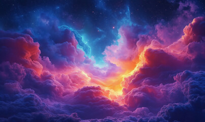 Poster - Vibrant cosmic clouds illuminated by ethereal light in a starry night sky.