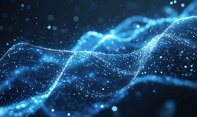 Aufkleber - Abstract blue wave with glowing particles creating a digital landscape.