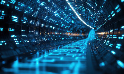 Poster - Futuristic digital tunnel with glowing blue lights and circuit patterns.