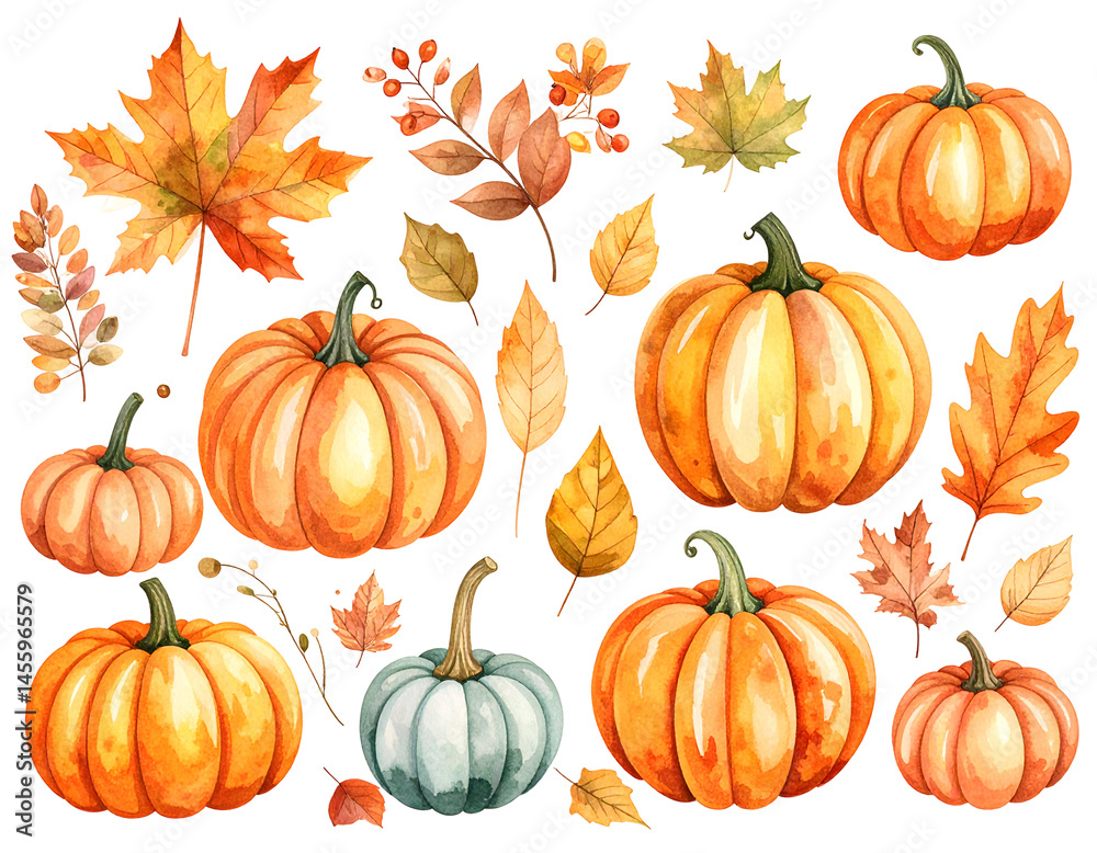 Autumn Harvest Watercolor Pumpkins and Leaves Collection Stock Photo ...