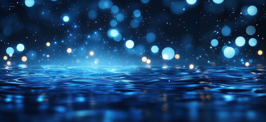 Poster - Blue shimmering water surface with sparkling bokeh lights in the background.