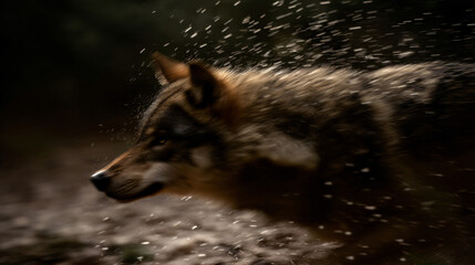 Wall Mural - dynamic wildlife photograph of a wolf in motion, with droplet flying and blurred motion in the backg