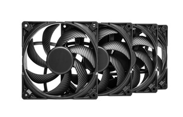 Poster - Black computer cooling fans aligned in a row, highlighting their textured blades and precise symmetrical design for optimal airflow. Isolated on white.