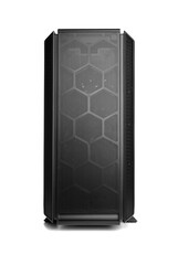 Poster - Modern black PC case with a mesh front panel and tempered glass side, designed for high airflow and optimal hardware visibility. Isolated on white.
