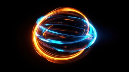 Poster - Abstract glowing sphere with swirling blue and orange light trails on black background