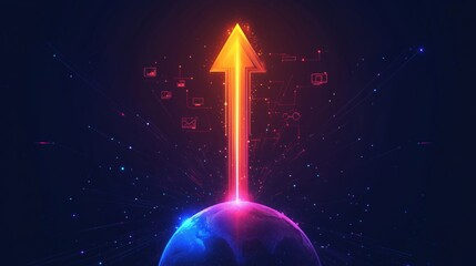Poster - digital transformation symbolized by upward arrow emerging from earth with technology icons