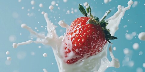 Poster - Strawberry Splashing in Milk with Blue Background for Freshness and Flavor