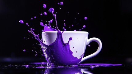 Poster - Vibrant purple liquid splashing from white cup against dark background