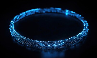 Poster - Glowing blue circular wireframe design with luminous particles on dark background