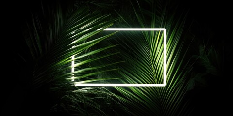 Poster - Neon frame surrounded by lush green tropical leaves in dark background