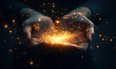 Poster - hands holding glowing particles of light creating a magical effect in dark background