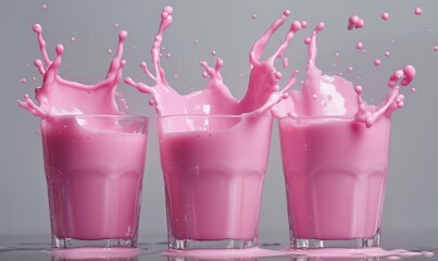 Poster - Pink milk splash in three glasses creating dynamic visual effect