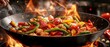 © Qbertstudio - Chef quickly stirs-fries chicken and colorful vegetables in hot wok with rising flames, showing exciting food preparation.
