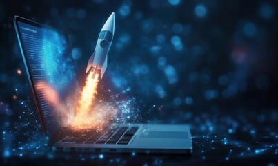 Poster - Rocket launching from laptop symbolizing innovation and technology advancement