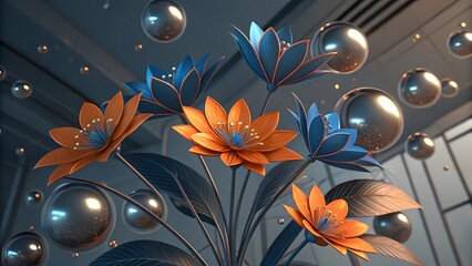 Poster - Stylized orange and blue flowers with metallic spheres floating in an abstract setting indoors