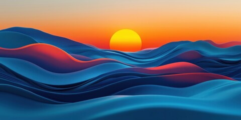 Poster - vibrant sunset over flowing waves in shades of blue and orange
