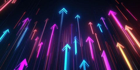 Poster - Neon arrows pointing upwards in a dynamic digital space with vibrant colors