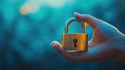 Poster - Golden padlock held in hand against blurred blue background symbolizing security and protection