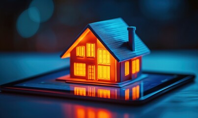 Poster - Illuminated model house on tablet screen showcasing modern technology in real estate