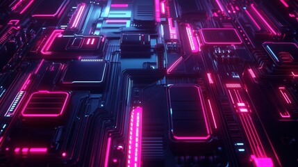 Poster - Futuristic circuit board with glowing neon lights and intricate patterns