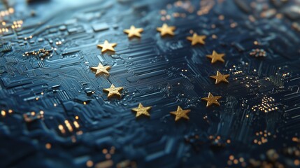 Poster - european union stars on circuit board background representing digital technology and unity
