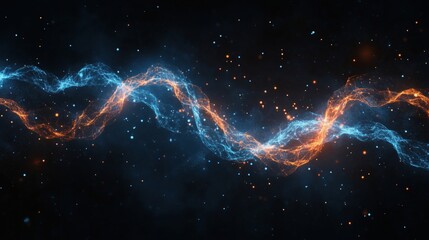 Poster - Abstract glowing wave of blue and orange light particles in dark space background