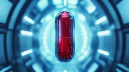 Poster - Futuristic red capsule in glowing blue environment with sci-fi elements