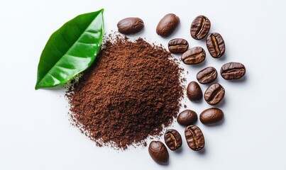 Poster - Coffee grounds and beans with fresh green leaf on white background
