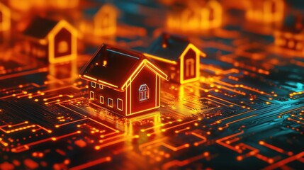 Poster - digital homes illuminated on circuit board background representing smart technology integration