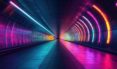 Poster - vibrant neon tunnel with colorful lights and reflections creating a futuristic atmosphere