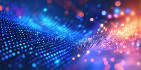 Poster - Colorful abstract wave of glowing dots and lights in blue and orange tones