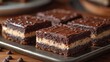 © Strive Studio - Square chocolate brownies with a light filling are arranged on a dark tray.