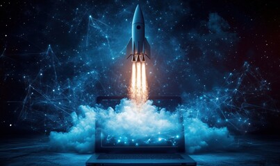 Poster - rocket launching from laptop symbolizing digital innovation and technology advancement