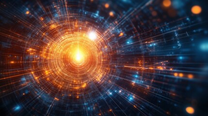 Poster - Abstract digital vortex with glowing particles and light trails in vibrant colors