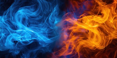 Poster - blue and orange abstract smoke background representing fire and ice contrast