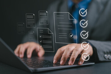 Poster - Business performance monitoring and evaluation concept, take an assessment, businessman using laptop checklist survey, filling out digital checklist, Questionnaire with checkboxes.