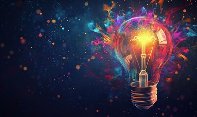 Poster - colorful light bulb with vibrant explosion of colors and sparkles in dark background