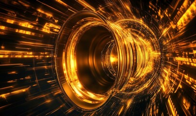 Poster - Futuristic abstract golden tunnel with glowing lights and dynamic motion effects