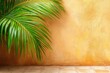© shafiyyah - Tropical palm frond against a warm-toned wall.  Vibrant green fronds gently curve against a textured, light orange-beige wall.  A tiled floor forms a base