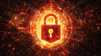 Poster - Digital security lock symbol glowing in fiery orange background with circuit patterns