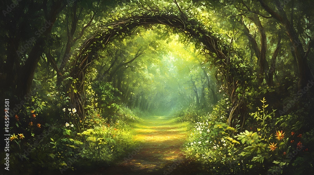 Lush, verdant forest path enclosed by a natural archway. Stock Photo ...