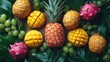 © Strive Studio - Tropical fruits including pineapple mango dragon fruit and grapes on green leaves.