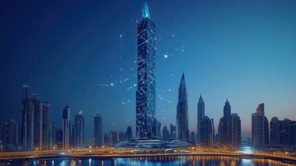 Poster - futuristic urban skyline concept with digital network connections illuminating city buildings at nig