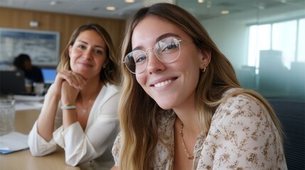 Poster - Two women are seated at a desk in a contemporary office, engaged in conversation and exchanging ideas with smiles. A computer is visible in the background, indicating a work environment