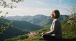 © Olesya - Woman meditating in mountais at sunset. Lady practicing mindfulness for stress relief, mental clarity, burnout recovery. Self care, nature therapy, wellbeing